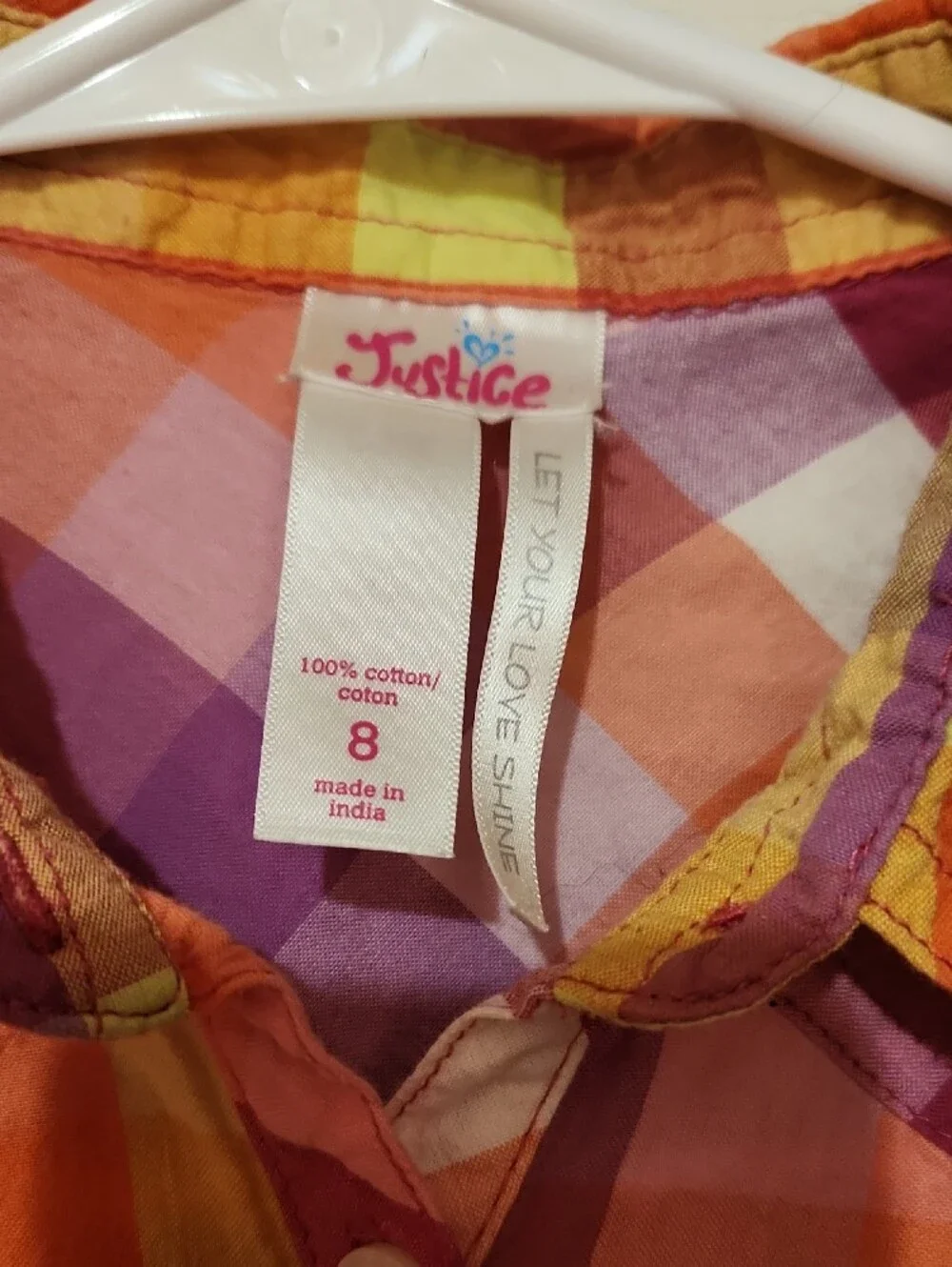 Justice Pink Orange Plaid Button-Down Shirt with Studded Pocket